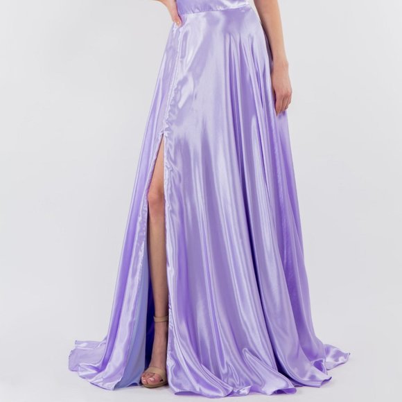 NEW SATIN LONG A-LINE OFF THE SHOULDER SLEEVELESS DRESS WITH ZIPPER BACK GL2963 - Picture 4 of 7